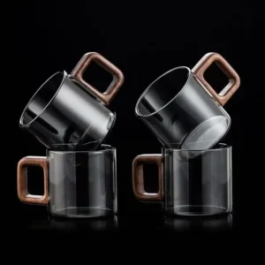 4 Pieces Combo | Wooden Handle Glass Tea Cup | Black