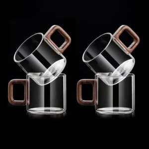 4 Pieces Combo | Wooden Handle Glass Tea Cup | Transparent