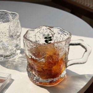 200mL Ice Texture Clear Glass Mug – Hammered Tea, Coffee & Juice Cup with Handle