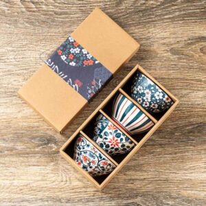 Japanese Design Handmade Ceramic Bowl Set – 4 Pcs Floral Gift Box